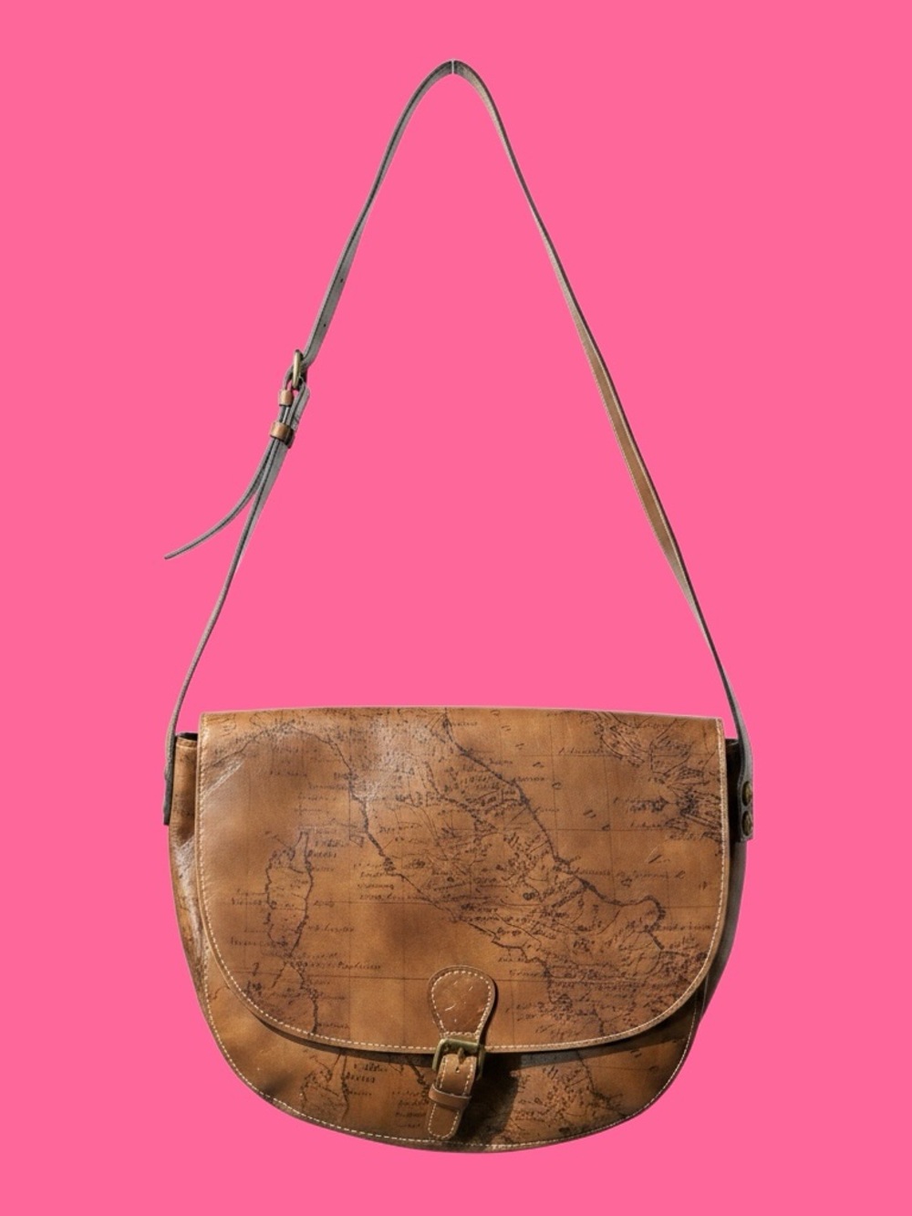 Brown Leather Map-Print Crossbody Bag